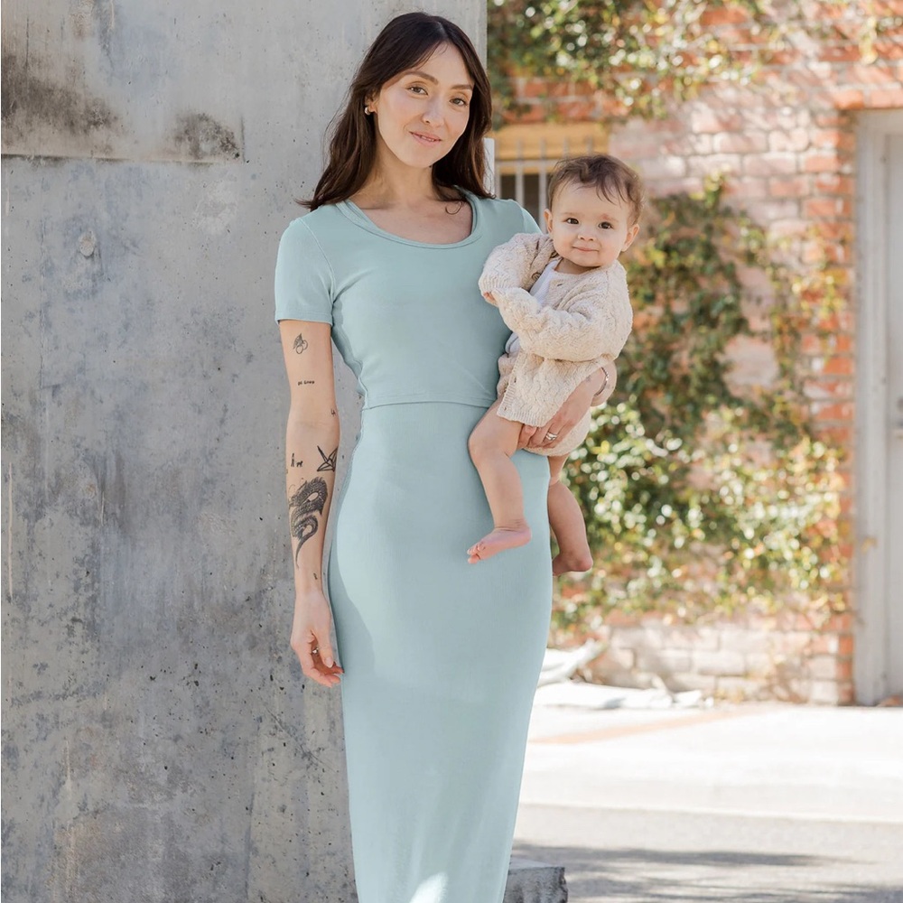 NWOT Olivia Ribbed Bamboo Maternity & Nursing Dress | Dusty Blue Green - S